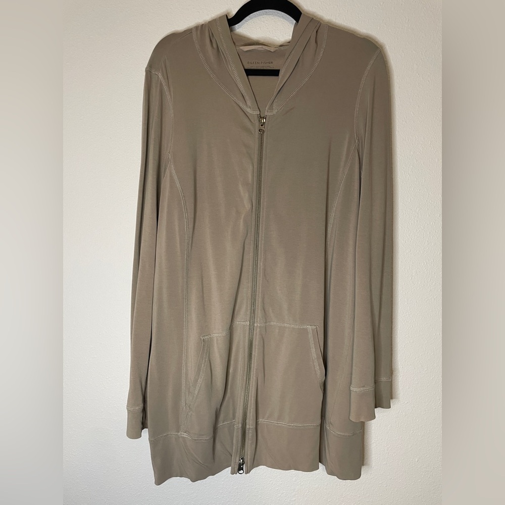 Eileen Fisher Taupe Stretch Organic Cotton Zip Jersey Longline Casual Jacket